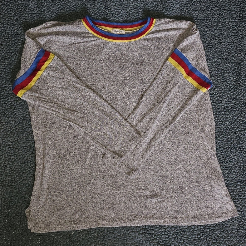 Gray Long Sleeve Tee with Colorful Trim